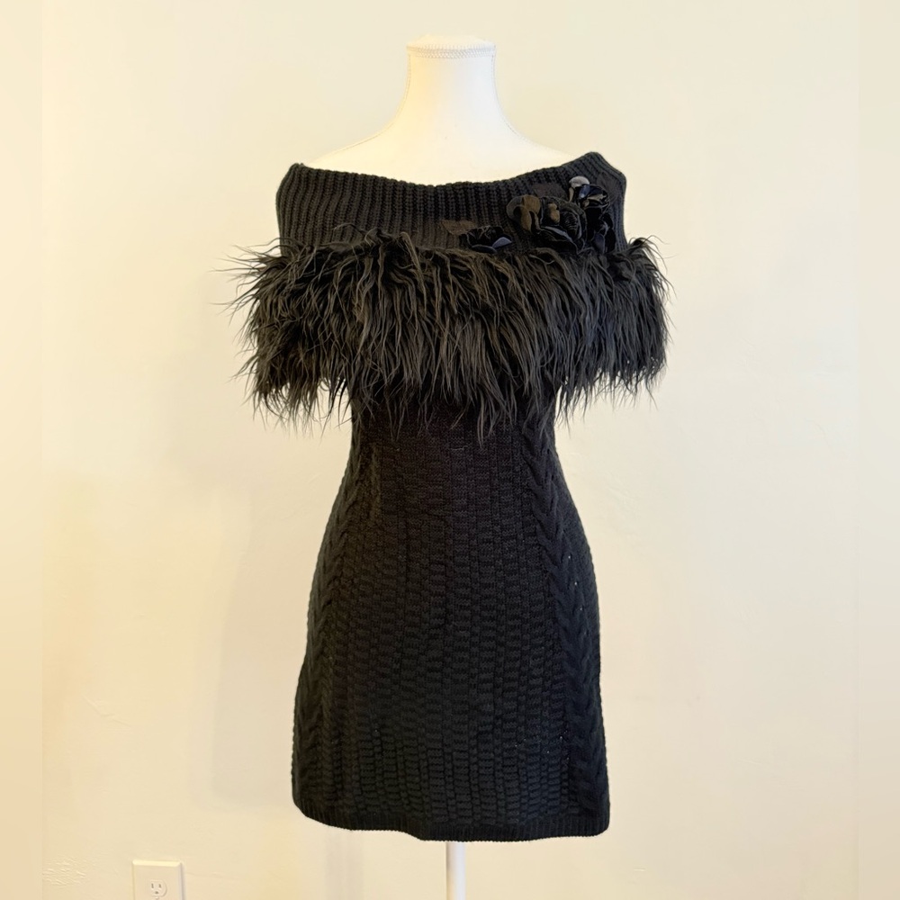 Lee Andersen Vintage “Night Romance” Black Knit Feather Trim Tunic Dress NWT